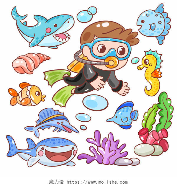 世界海洋日海洋动物卡通插画贴纸素材
